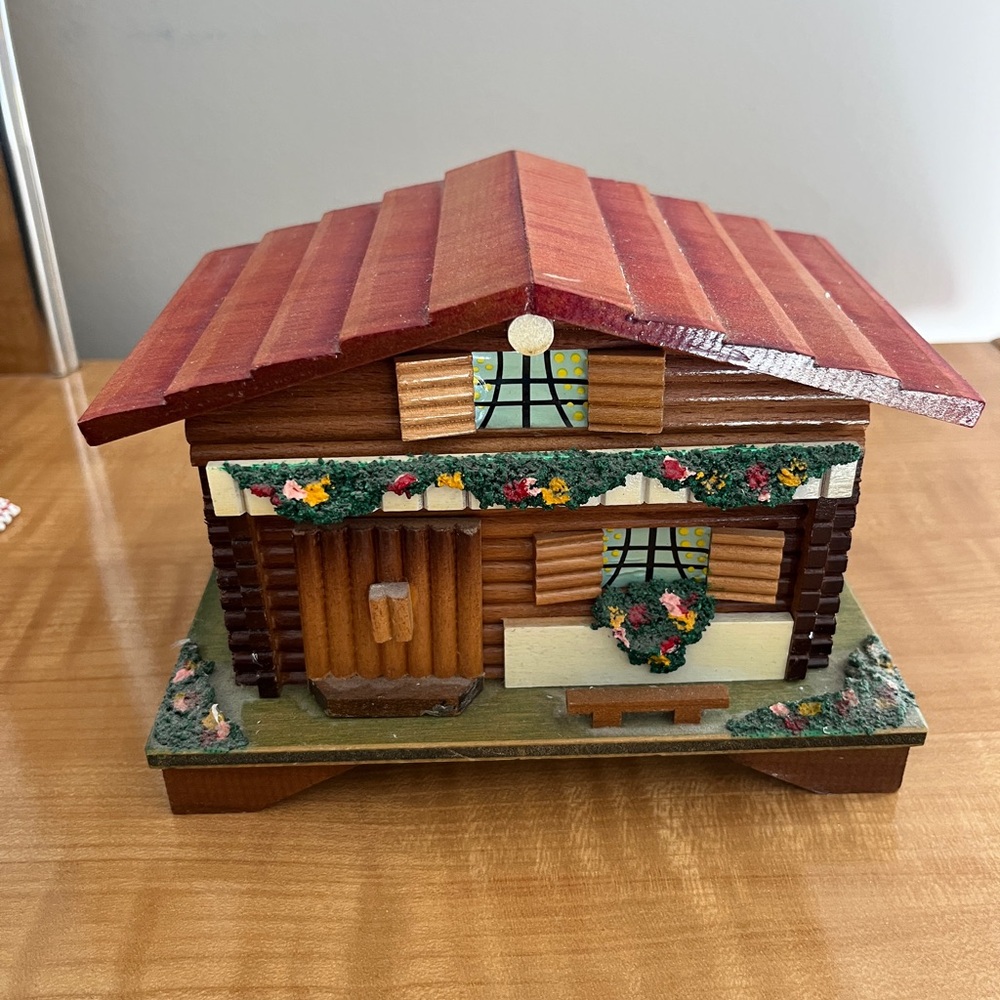 Wooden Chalet Music Box with Red Roof and Floral Trim